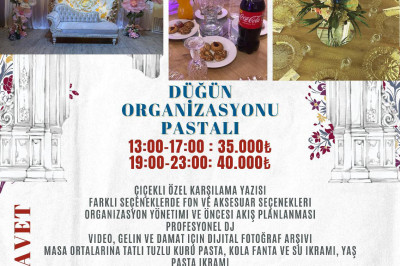 Pasta İkramlı Düğün Organizasyonları Gündüz 35.000 TL, Akşam 40.000 TL