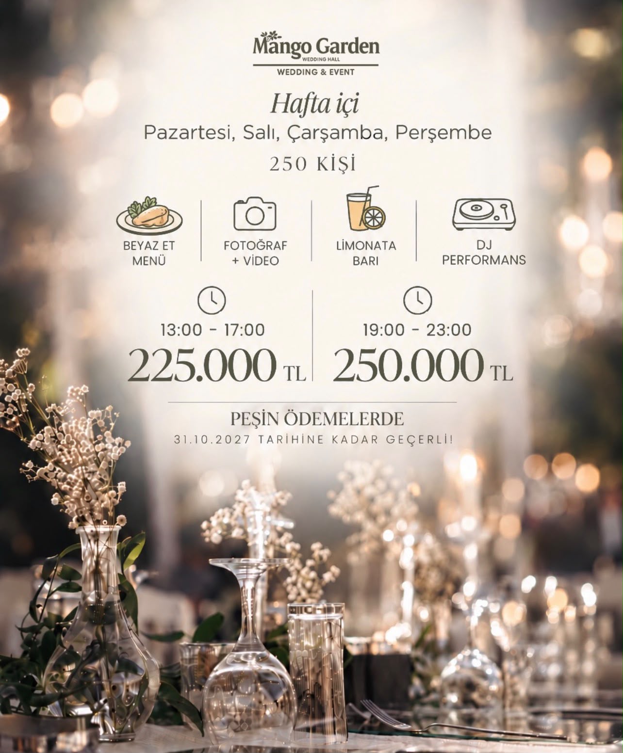 Ekim Sonuna Kadar Hafta İçi Yapılacak Yemekli Davetler 225.000 TL'den Başlayan Fiyatlarla