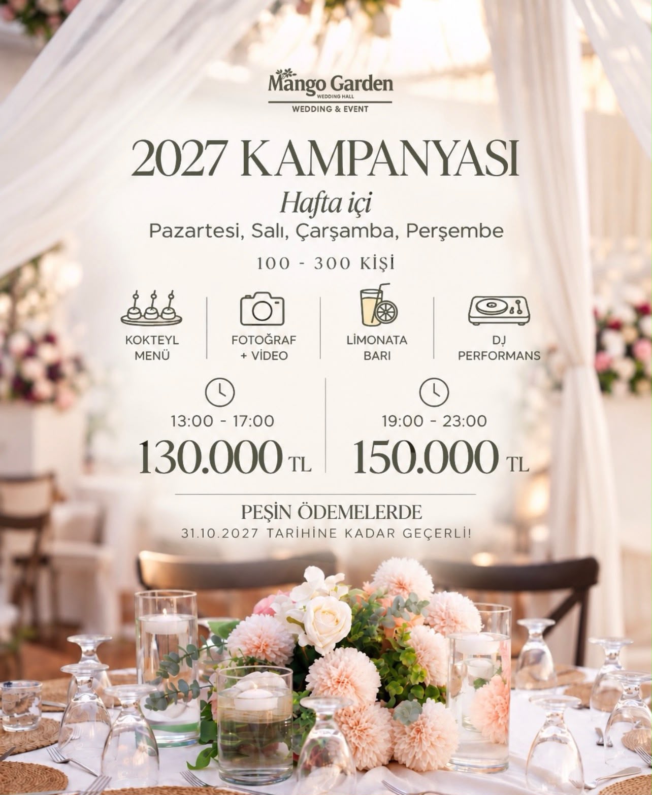Kokteyl Menülü 2027 Hafta İçi Organizasyonları 130.000 TL'den Başlayan Fiyatlarla